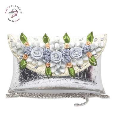 Clutch Pesta Wanita ( Free Box ) Crocodile Elegant Silver