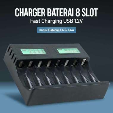 PUJIMAX Charger Baterai 8 Slot AA AAA NiMh NiCd Fast Charging USB 1.2V PJ-LCD006 Ac Inverter Aipet Tablet Murah Second Baterai Charging Handphone A IH Hitam