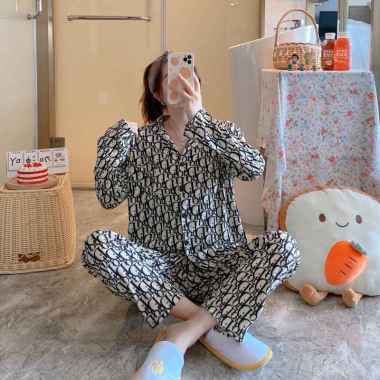 Baju Tidur Piyama Wanita Set Kemeja Celana Lengan Panjang Pakaian Fashion Sapi Leopard Macan Tutul D