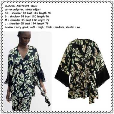 AB971095 Baju Atasan Outer Blouse Kimono Etnik Hitam Black Bunga Flower Rumbai Tassel Wanita Korea I