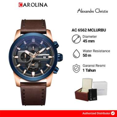 Jam Tangan Pria Alexandre Christie Chronograph AC 6562 MCLURBU Blue Dial Brown Leather Strap