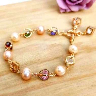 Gelang Mutiara Air Tawar Kombinasi Gelang Permata Warna Warni