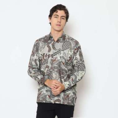 BATIK MYRNA - Kemeja Batik Lengan Panjang Baju Atasan Pria Motif Ramayana Abu XL