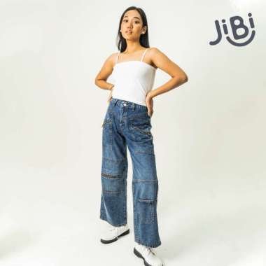 JIBI - Y2K Jeans - Cargo Zipper - Celana Jeans - Jeans Vintage - Biru Tua 32