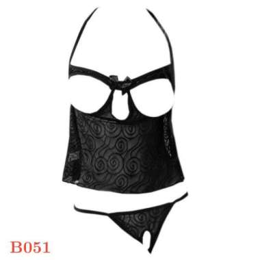 Manmu Allure B051 Bra Set Bralette Pakaian Dalam Wanita Seksi BH Cami Halter Open Cup Hitam CD Terbu