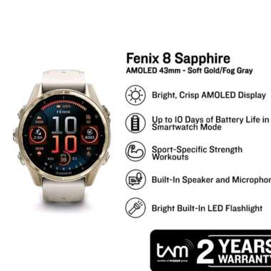 GARMIN Fenix 8 Sapphire Amoled 43 mm Ultimate GPS Multisport Smartwatch Garansi TAM soft gold