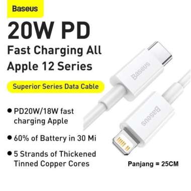 Baseus Original Superior Kabel Data Type C to Lightning 20W 25CM Iphone 11 12 Powerbank Cable Pendek