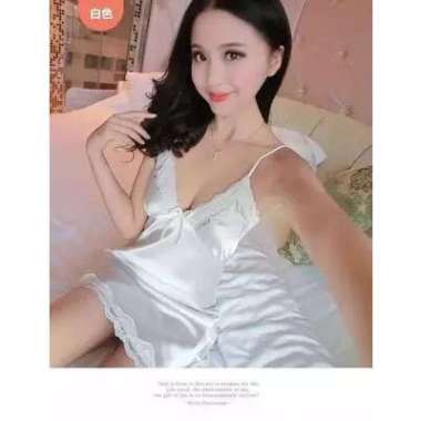 PROMO Baju Tidur Piyama Wanita Korea Sexy Mini Dress Silk Satin Nightdress - Ungu jaminan 100% Putih