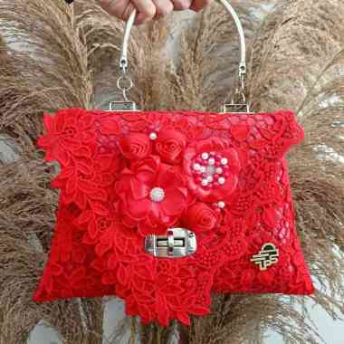 PSH Clutch Pesta Tas Wanita Segita Full Brokat Handbag Top handle wanita Tas pesta Merah