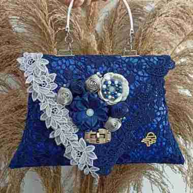 PSH Clutch Pesta Tas Wanita Segita Full Brokat Handbag Top handle wanita Tas pesta Navy Lis Silver