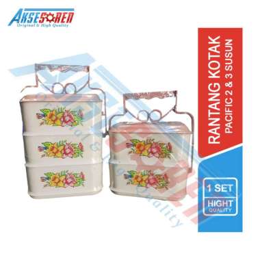 Aksesoren Rantang Segi Pacific / Tempat Nasi Bekal Piknik / Wadah Saji Lauk Motif Bunga 2 Susun