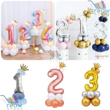 Paket Balon Foil Angka Jumbo 80cm Balon Mahkota dan Latex Aneka Warna Putih+B.Pink Gold