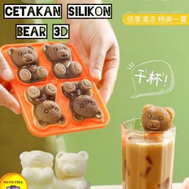 Cetakan Silikon Beruang 3D Cetakan Puding Es Batu 4Slot Karakter Lucu