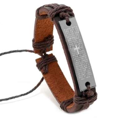 Gelang salib kulit Bracelet Doa Bapa Kami latin DOA (BROWN)