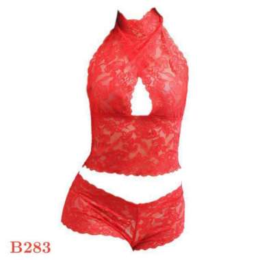 Manmu Allure B283 Bra Set Bralette Pakaian Dalam Wanita Seksi BH Cami Halter Merah Transparan CD Mer