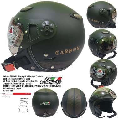 Helm Bogo Dewasa Retro Klasik Kaca Pilot Riben JPN Monsa Carbon Hitam Doff List Gold SNI Ready Size 