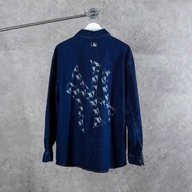 Kemeja MLB NY MONOGRAM WHITE BACK BLUE DENIM LONG SHIRT 100% ORIGINAL XL