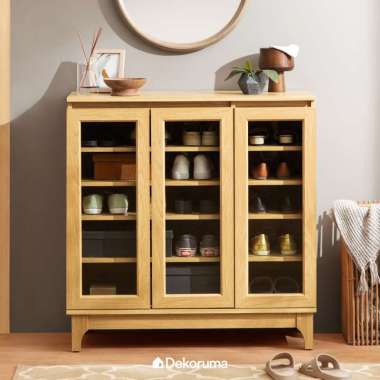 Dekoruma Nara Shoe Cabinet 3 Pintu Kaca - Lemari Rak Sepatu Kayu Olahan 5 Susun Minimalis Cokelat JA