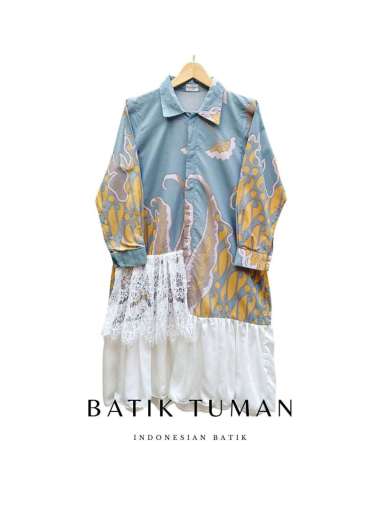Kalana Soft Blue Sky Pastel Atasan Tunik Batik Wanita Baju Kantor Kerja Kombinasi Brokat Premium Bus