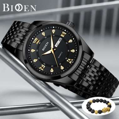 BIDEN Jam Tangan Pria Original Kalender Luminous Tali Stainless Steel - goldblack allblack