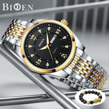 BIDEN Jam Tangan Pria Original Kalender Luminous Tali Stainless Steel - goldblack goldblack