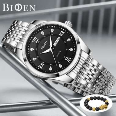 BIDEN Jam Tangan Pria Original Kalender Luminous Tali Stainless Steel - goldblack silverblack