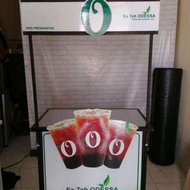 Booth Portable Meja Lipat Rombong Es Teh ukuran 100x60 bahan aluminium hitam dengan variasi gelas 3