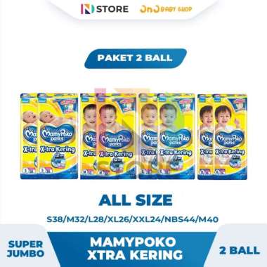 MamyPoko Pants Xtra Kering S38/M32/L28/XL26/XXL24/Perekat NBS44/Perekat M40 Paket 2 Ball XL26 2 BALL
