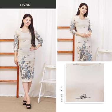 Evercloth Livon Long Dress Wanita Batik Lengan Panjang Couple Modern Dress L