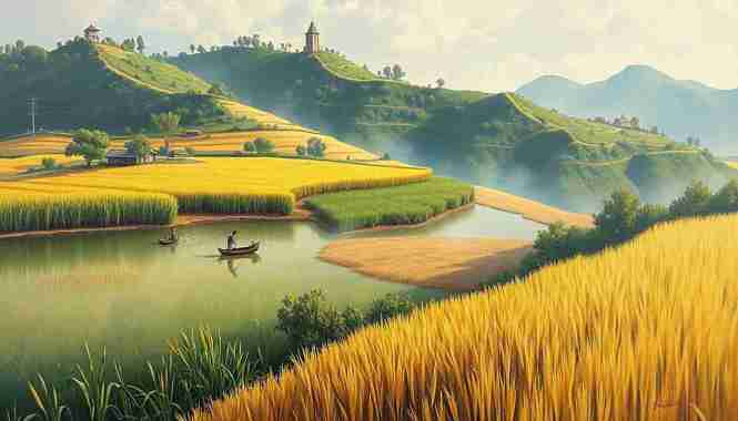 Lukisan Panen Padi dengan Hamparan Danau dan Sawah Luas Gaya Modern