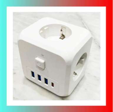 Stopkontak Banyak Lubang Colokan Listrik Universal 3 Soket + 3 USB + TypeโC Anti Shock Putih