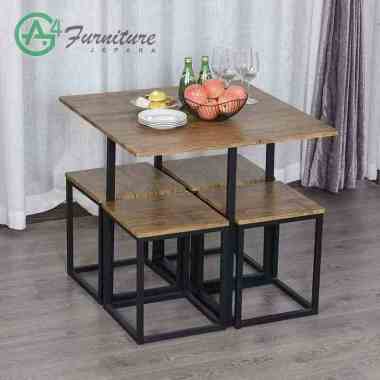 Set Meja Makan Cafe Besi Minimalis Top Kayu Jati