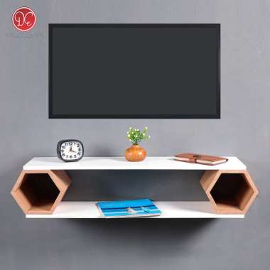 Dections Furniture Meja TV Gantung Hexagonal Modern Minimalis / Rak TV Tempel Dinding 80x20 cm Putih