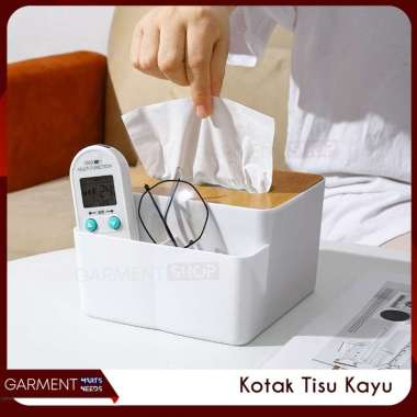 Kotak Tisu 2 Sekat Box Tempat Tissue Meja Dengan Rak Remote Stationery Motif Kayu Aesthetic MODEL -