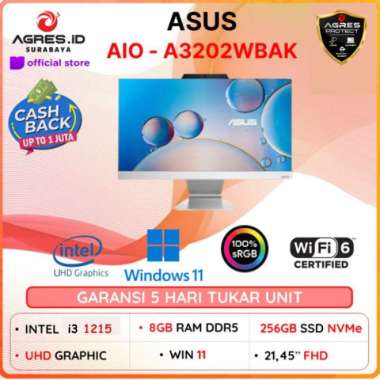 PC Desktop Asus AIO A3202WBAK INTEL CORE I3 1215 RAM 8gb SSD 256gb Windows 11 21.5Full HD