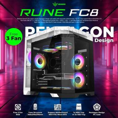 Casing NYK Rune FC8 M-ATX Gaming Case Pentagon Free 3Fan RGB Tempered Glass Putih