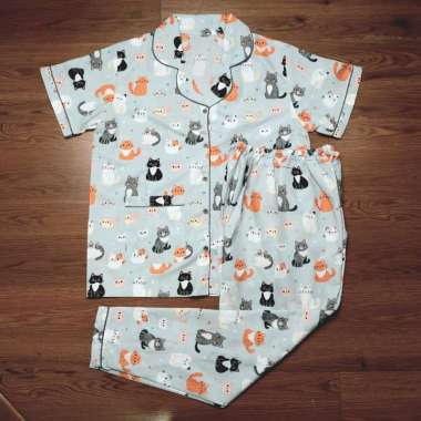 Aykowear Baju Tidur Piyama Wanita JUMBO Kitty Biru-Set Celana Pendek