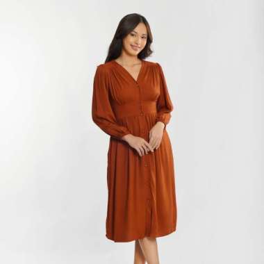 Momelca - Jollie Long Sleeve Midi Twill Dress Wanita Size 1 Terracota