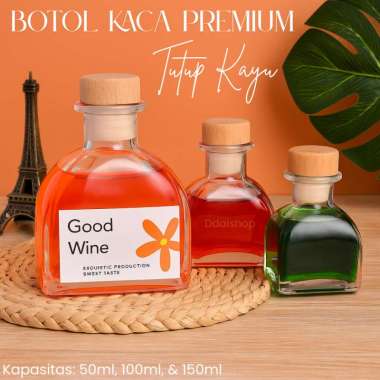 Botol Kaca Unik Estetik Premium Tutup Kayu Bottle Minuman Kemasan Hampers, Souvenir 150ML