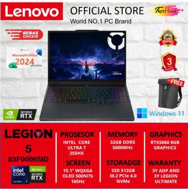 LENOVO LEGION 5 15IAX10 CORE ULTRA 7 255HX RTX5060 8GB SSD 512GB RAM 32GB 15.1" WQXGA OLED 165Hz WIN