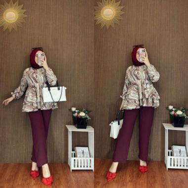 Dinara Set - One Set Wanita Kemeja Rempel Shakila Twill Premium Setelan Baju Lengan 7/8 Set Celana P