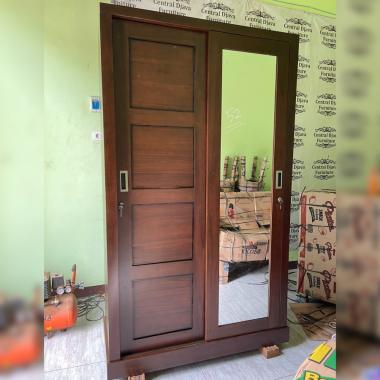 Lemari Pakaian Sliding Kaca Kayu Jati Almari 2 Pintu Geser Cermin Jepara