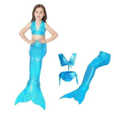 KOSTUM MERMAID BIRU MUDA ANAK MONOFIN GIRLS SWIMSUIT SHARKLE FIN MR14 - Size 120