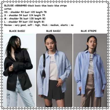 AB868480 Baju Atasan Kemeja Kerja Basic Wanita Korea Import Hitam Biru Garis Tunik