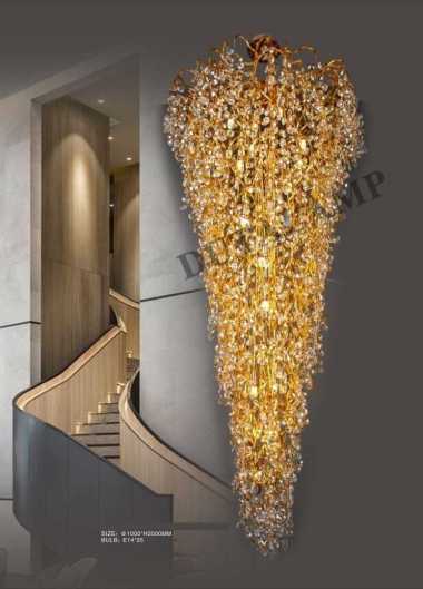 FL 1465 LAMPU GANTUNG KRISTAL VOID AKAR RANTING RAINDROP TANGGA FOYER B GOLD