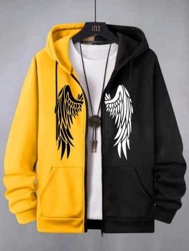 KIYOWO-Fashion Atasan Pria Wanita Hoodie Angel Wings Kombinasi Warna Lengan Panjang Casual Kuning M-