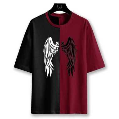 Baju Atasan Kaos Warna Twotone Kombinasi Motif Angel Wings Lengan Pendek Pria Casual Maroon XL