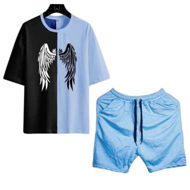 ERICO -Setelan Kaos Angel Wings Pria Satu Set Baju Atasan Lengan Pendek Dan Celana Pendek Polos Biru