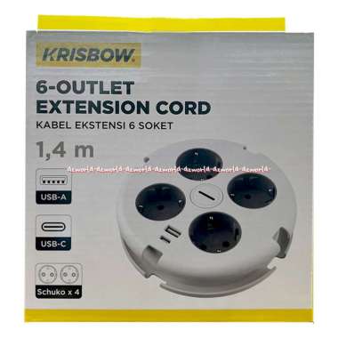 Krisbow 6-Outlet Extension Cord 1.4m Kabel Ekstensi 4Lobang Colokan Model Bulat Around Usb A C 6sock