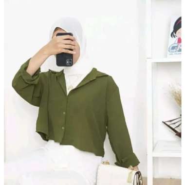 KEMEJA WANITA CROP TOP/KEMEJA WANITA POLOS/ KEMEJA LENGAN PANJANG S Hijau Tua